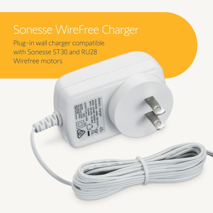 The charger has an input range of 100-240V 50/60HZ and provides an output of 13.3VDC, 650MA. This allows for efficient charging of your motors, maintaining them ready for continuous operation.