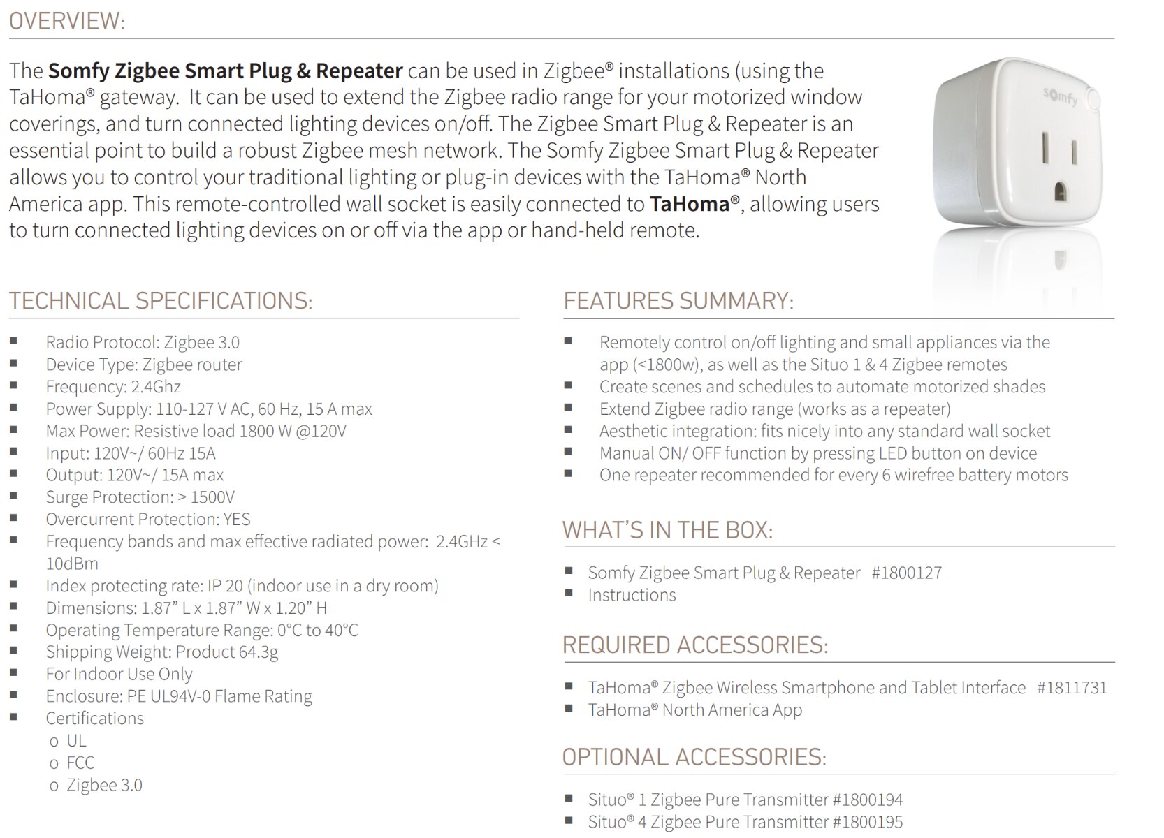 TaHoma® Smart Plug and Repeater #1800127 Zigbee Somfy